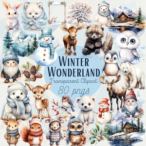 Winter Wonderland Clipart Bundle acuarela invierno PNG paquete invierno bosque animal clipart oso polar clipart invierno clipart sublimación