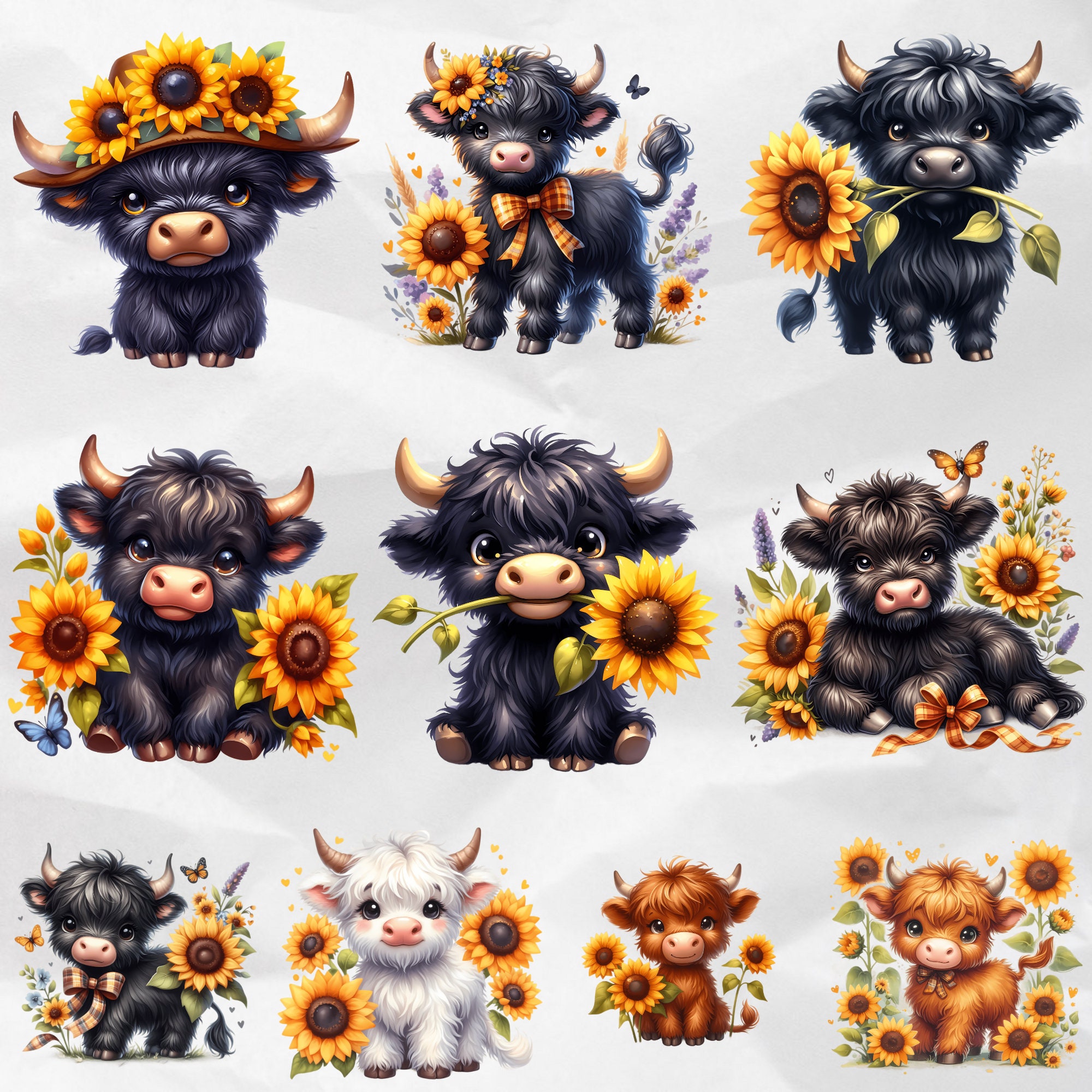 Sunflower Highland Cow Clipart Black Floral Highland Cows PNG Cute ...