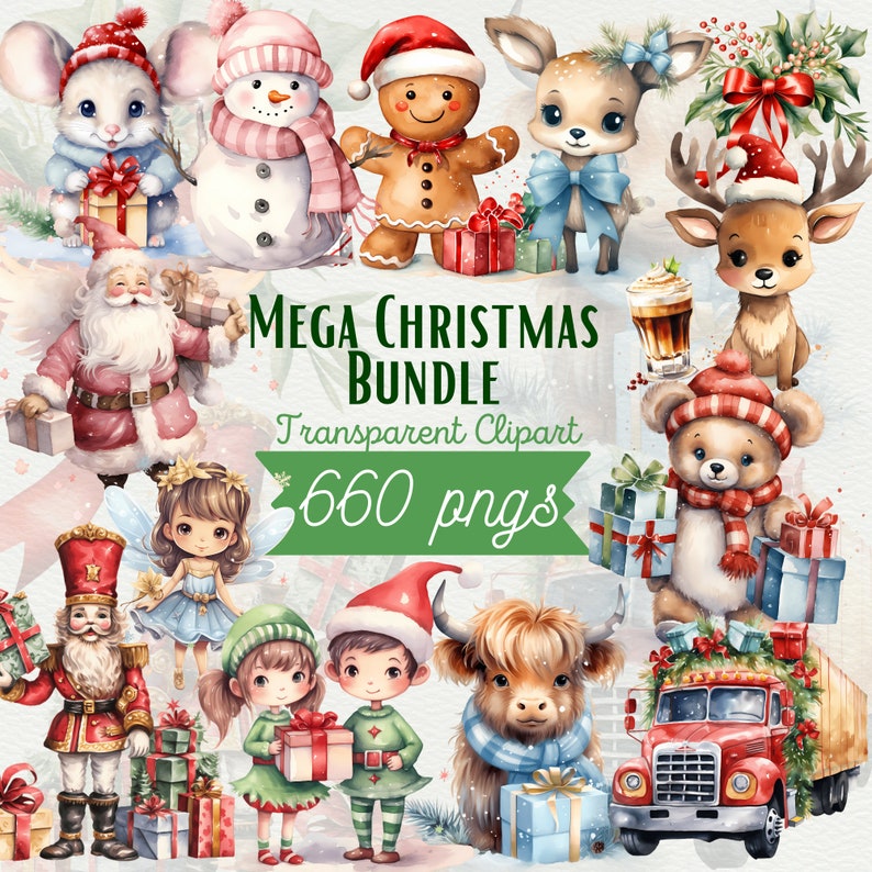 Cute Watercolor Christmas Clipart Bundle Christmas Gift Clipart Winter ...