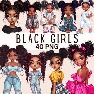 Black Girls Clipart Bundle Chibi Girl Clipart Denim Girl Clipart Printable Black Afro Girl Graphics Fashionable Girl Graphics Commercial Use