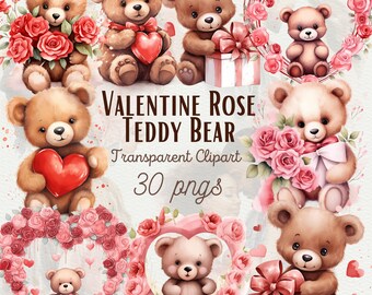 May include: A set of 30 digital clipart images featuring teddy bears holding roses, hearts, and gifts. The bears are brown and have pink accents. The images are perfect for Valentine's Day crafts and projects.