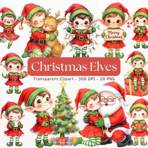 Op de afbeelding: Een verzameling aquarel kerstelfen in rode en groene outfits, sommigen houden cadeaus, lichtjes en een bord met "Merry Christmas" vast. De afbeelding bevat een kerstboom en de kerstman.