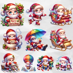 Delightful Santa Claus clipart bundle with a beautifully detailed watercolor Christmas sleigh and flying reindeer in PNG format. Ideal for holiday digital designs, seasonal greeting cards, invitations, and commercial use projects.