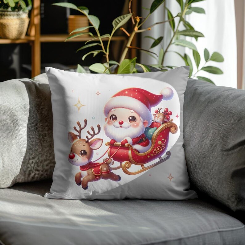 Cute Santa Claus clipart bundle with a whimsical watercolor sleigh and reindeer in high-resolution PNG format. Perfect for holiday digital designs, seasonal decor, creative scrapbooking, and commercial use projects.