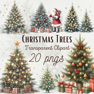 May include: A set of 20 digital clipart images of Christmas trees with various decorations, including ornaments, lights, and bows. The trees are illustrated in a watercolor style with a white background. The text "CHRISTMAS TREES Transparent Clipart 20 pngs" is displayed in the center of the image.