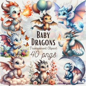 Niedliches Baby Drache Clipart Bundle Aquarell Fantasy Drache Clipart Niedliches Grafik-Set Elemental Dragons PNG Pastel Baby Dragons Kommerzielle Nutzung