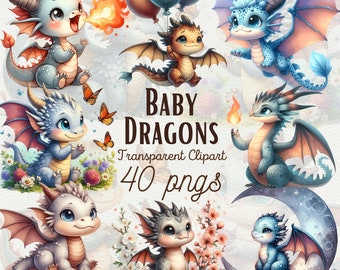 May include: A set of 40 digital clipart images featuring cute baby dragons in various poses and colors. The dragons are depicted with large eyes, small wings, and a variety of expressions. The images are perfect for adding a whimsical touch to any project.