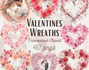Watercolor Valentines Heart Wreaths Clipart 40 Valentines Day Wildflower Clipart Valentines Day PNG Valentines Couple Clipart Commercial Use