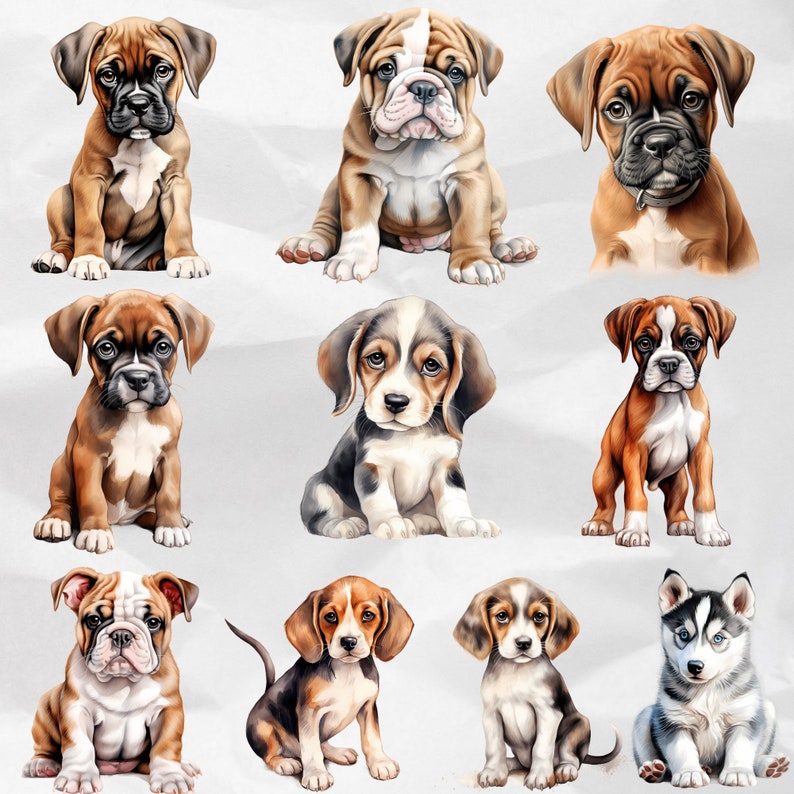 Cute Puppy Dogs Galore - Watercolor Dog Illustrations in PNG Bundle. Discover Various Dog Breeds with this Cute Puppy PNG Bundle. Perfect for Commercial Use