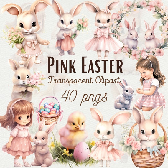 Pink Watercolor Easter Clipart Pink Easter Bunny Graphics Easter Egg PNG Nursery Easter Clipart Watercolor Cute Bunny Clipart Commercial Use