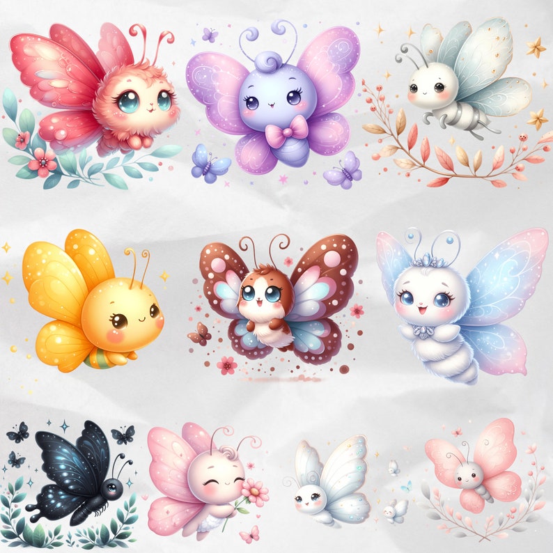 Decorate your spring designs with Watercolor Butterfly Clipart, showcasing kawaii butterflies and floral accents. These colorful butterfly PNG graphics are perfect for pastel themes and commercial use.