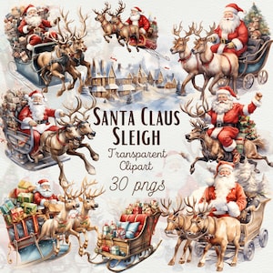 Kerstman slee clipart bundel aquarel kerst vliegende rendieren Santa Claus rijden koets PNG clipart aquarel chirstmas clipart