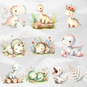 Design delightful birthday party decor and baby shower invitations with Watercolor Dinosaur Clipart. Featuring cute baby dinosaur PNG images, this collection is perfect for creating dinosaur stickers and decorations for commercial use.