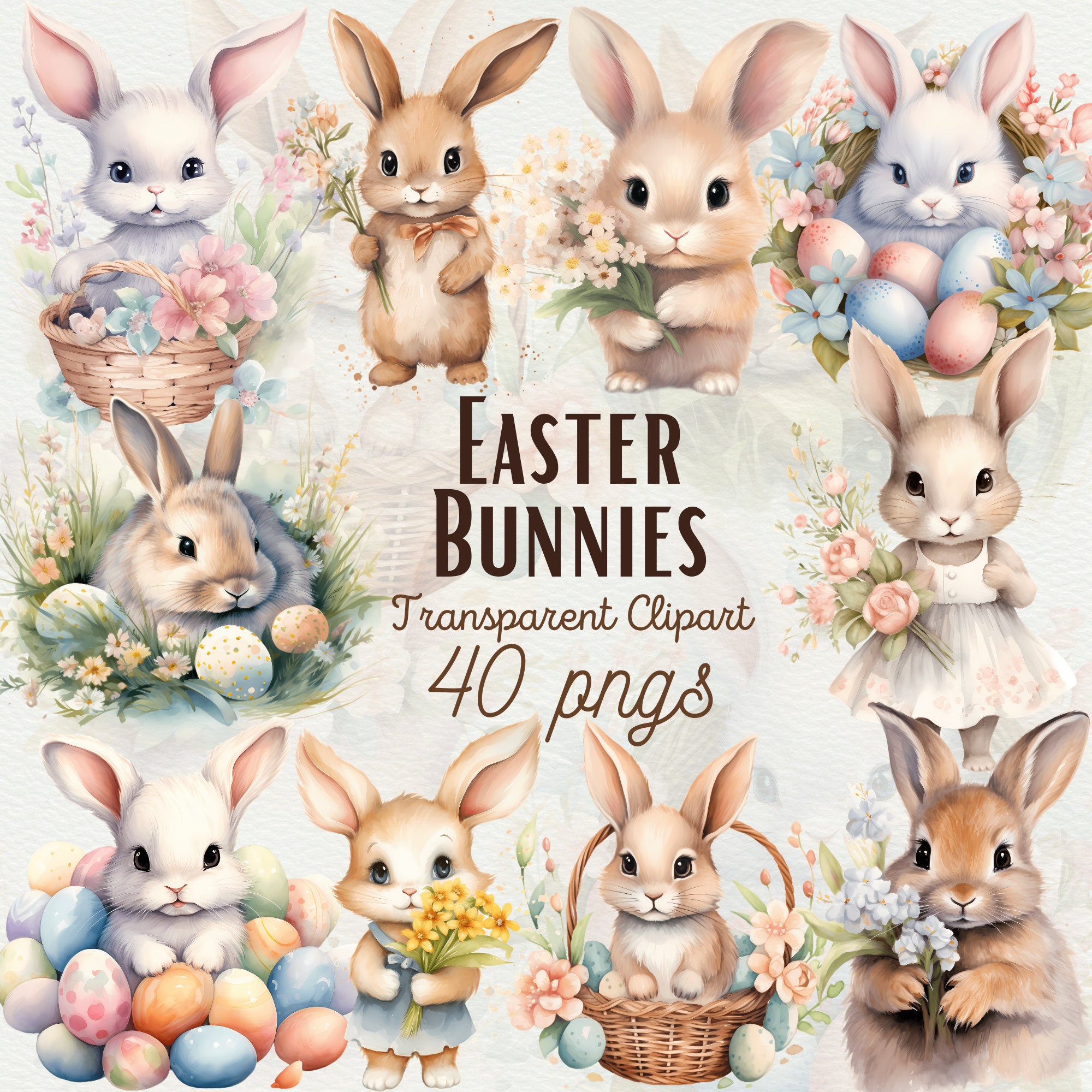 Watercolor Easter Bunny Clipart: Floral Spring PNG Designs (commercial ...