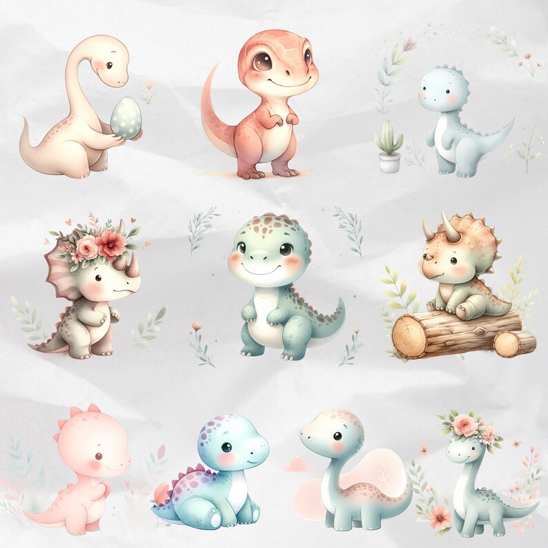 Watercolor Dinosaur Clipart provides adorable baby dinosaur PNG images for birthday parties, baby showers, and nursery decor. These cute dino illustrations and dinosaur stickers are perfect for commercial use and creative projects.