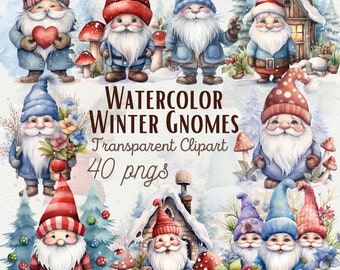 Watercolor Winter Gnome Clipart | 40 Festive PNG Illustrations (Commercial Use)