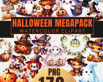 Lot de cliparts Halloween aquarelle : dessins effrayants, citrouilles (impressions numériques PNG)