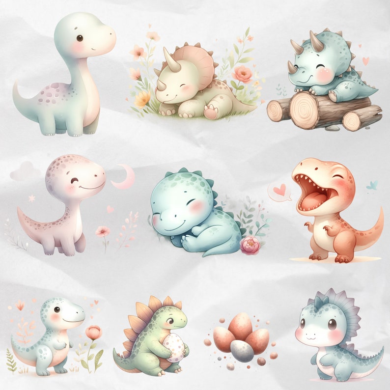 Watercolor Dinosaur Clipart offers charming baby dinosaur PNG illustrations for your next celebration. Perfect for birthday party decor, baby showers, and nursery designs, these cute dino clipart and dinosaur stickers are great for commercial use.