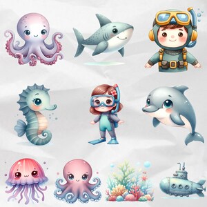 Celebrate the marine marvels with Watercolor Undersea Clipart, showcasing delightful PNG illustrations of cute undersea critters. Ideal for sea nursery decor and commercial use, these oceanic artworks add depth and character to your designs.