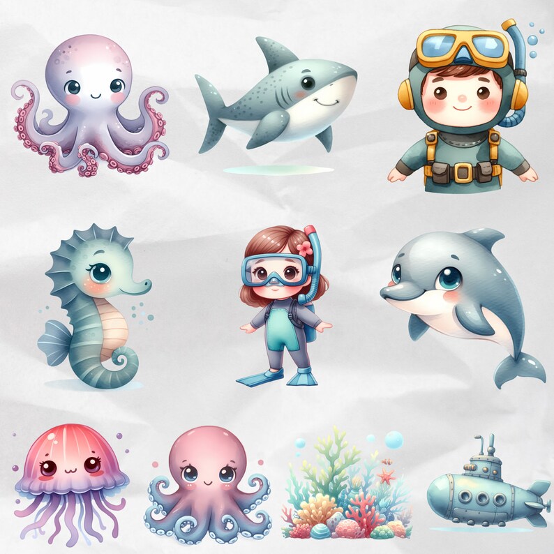 Celebrate the marine marvels with Watercolor Undersea Clipart, showcasing delightful PNG illustrations of cute undersea critters. Ideal for sea nursery decor and commercial use, these oceanic artworks add depth and character to your designs.