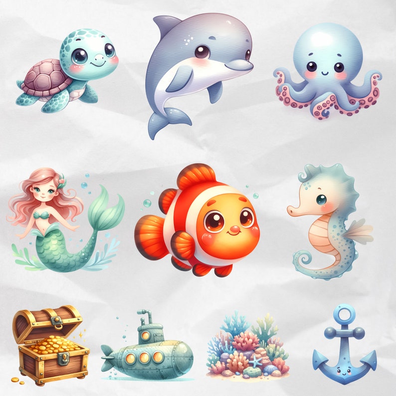 Unleash your creativity beneath the waves with Watercolor Undersea Clipart, featuring charming PNG illustrations of adorable ocean baby animals. Perfect for sea-themed designs and commercial projects.