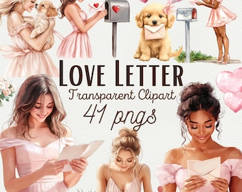 May include: Digital clipart set featuring illustrations of women, puppies, mailboxes, hearts, and envelopes. The text "LOVE LETTER Transparent Clipart 41 pngs" is displayed. The color palette includes pink, white, and brown.