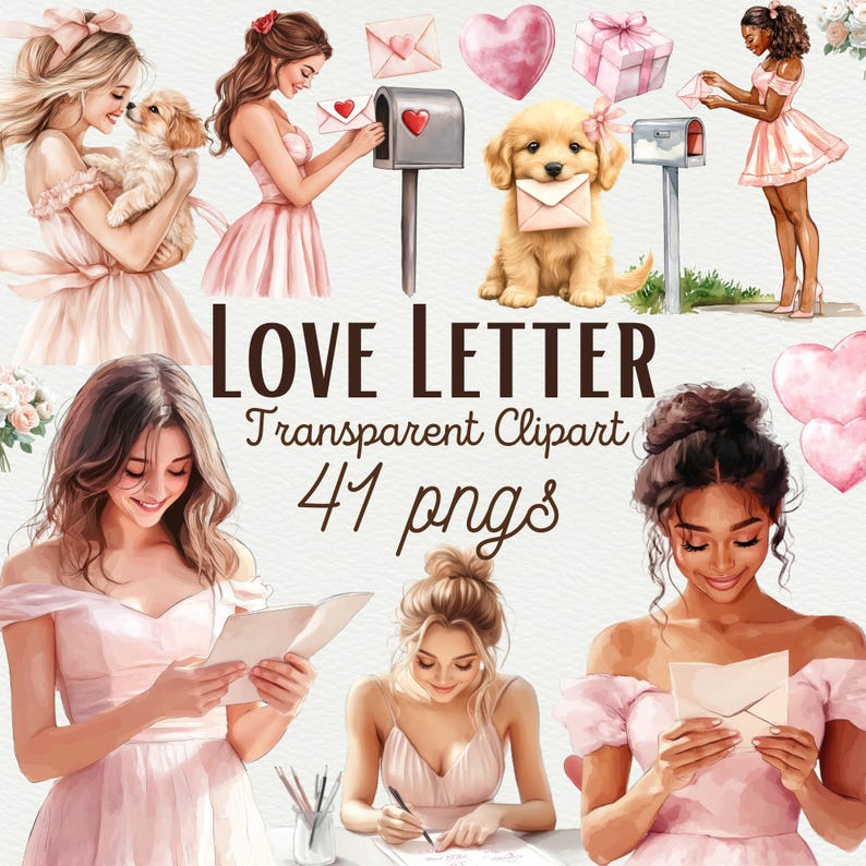 Valentine’s Day clipart set with love letter PNGs and cute romantic-themed designs, perfect for scrapbooking, digital downloads, and personalized projects. Includes commercial use rights.