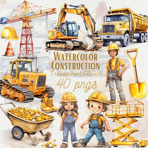 40 aquarel bouw clipart PNG bouwplaats voertuigen graafmachine bulldozer PNG clipart Kids bouw kamer decor Kids clipart
