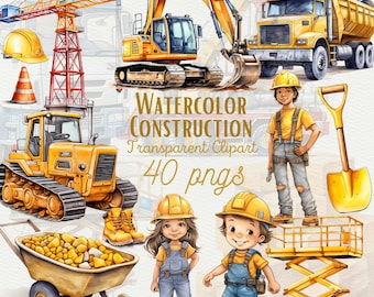 Watercolor Construction Clipart: Site Vehicles, Kids Decor (40 PNG)