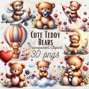30 Acquerello Teddy Bear Clipart Nursery Baby Shower Simpatico orsacchiotto PNG Baby Shower Teddy Bear Nursery Birthday Party Decor Uso commerciale