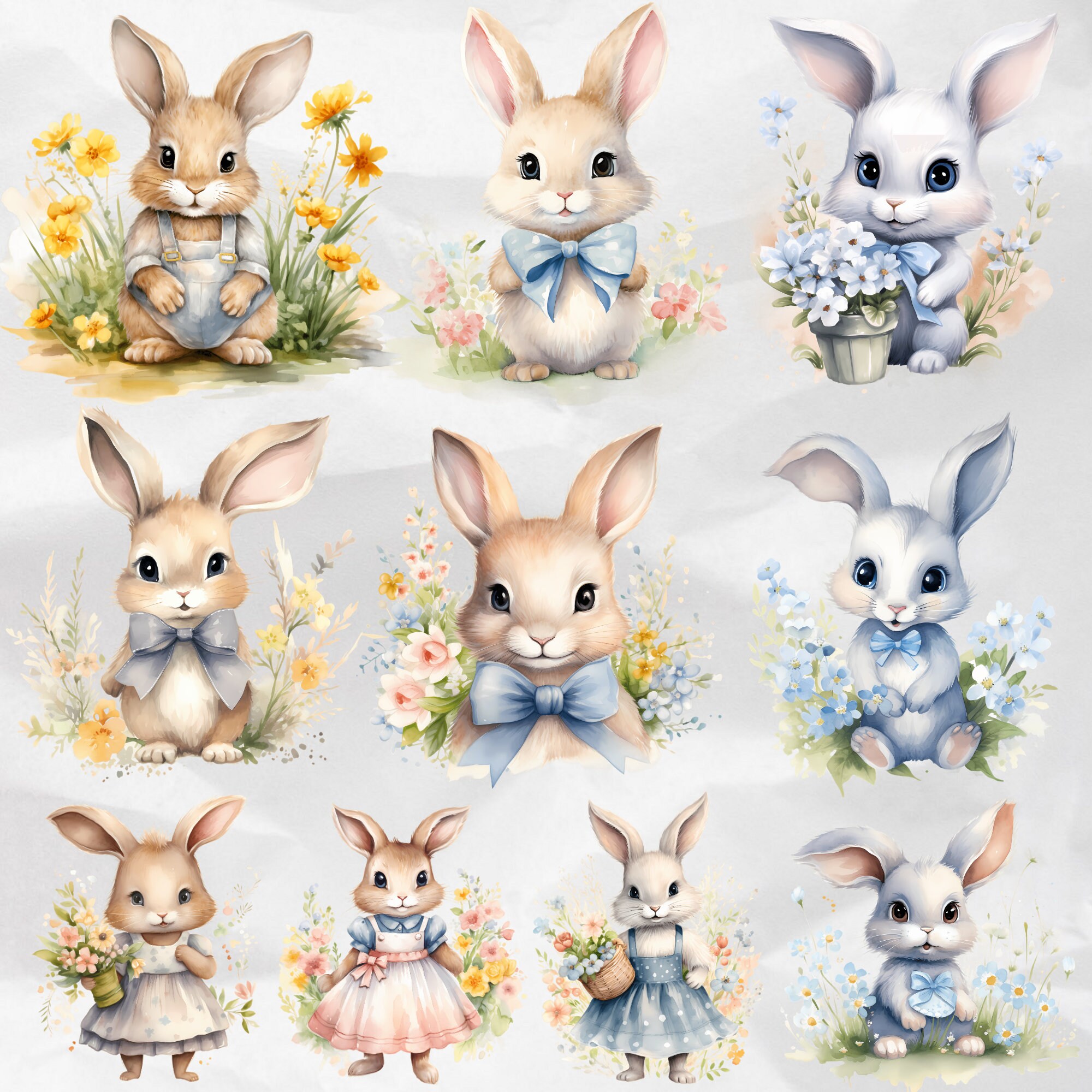Watercolor Floral Bunny Clipart Bunnies and Wildflowers Clipart Nursery ...