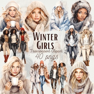 Aquarelle hiver filles PNG Clipart hiver graphiques PNG belles photos de filles hiver png dessins confortable hiver saison PNG usage commercial
