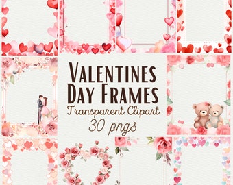 May include: Set of 30 Valentine's Day frames with watercolor hearts, roses, and other romantic designs.  These frames are perfect for adding a touch of love to your photos, invitations, or other projects.