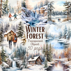 Acquerello inverno foresta Clipart inverno foresta paesaggi innevato nebbioso paesaggio forestale inverno foresta sentiero PNG legno Clipart uso commerciale