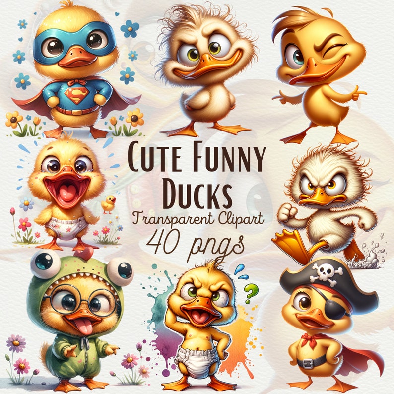 The 40 Cute Funny Duck Clipart Bundle is a must-have for any designer. Featuring funny cute bird PNGs and watercolor funny birds clipart, this set is perfect for sublimation and commercial use, adding charm to any project.