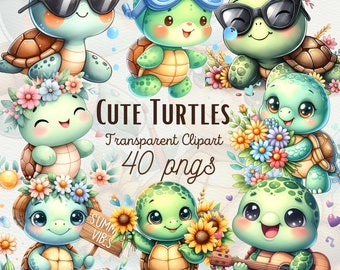 Cute Baby Turtle Clipart Watercolor Floral Turtle PNG Cute Sea Turtle Clipart Under the Sea Animal Clipart PNG Summer Clipart Commercial Use