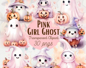 Acuarela lindo fantasma clipart Halloween clipart paquete lindo rosa fantasma PNG otoño calabazas clipart otoño sublimación diseño uso comercial