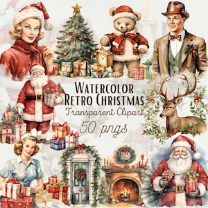 Watercolor Retro Vintage Christmas Clipart Bundle Winter Clipart Christmas Elements Design Watercolor Winter PNG Bundle Winter Junk Journal