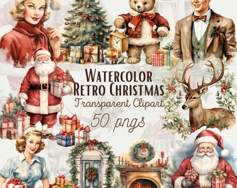 May include: A set of 50 watercolor Christmas clip art images. The images include a Santa Claus, a woman in a red dress, a teddy bear, a deer, a man in a suit, a Christmas tree, and a fireplace.