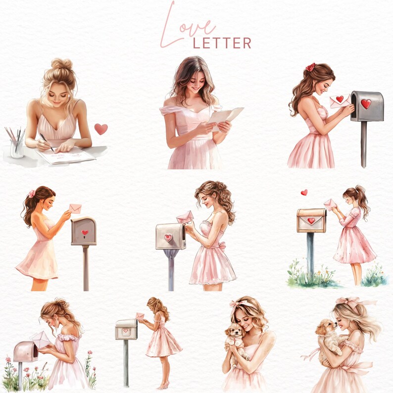 Charming Valentine’s Day clipart bundle featuring love letter graphics and romantic postal mail designs, ideal for crafting custom cards, digital artwork, and DIY decor. Commercial use allowed.