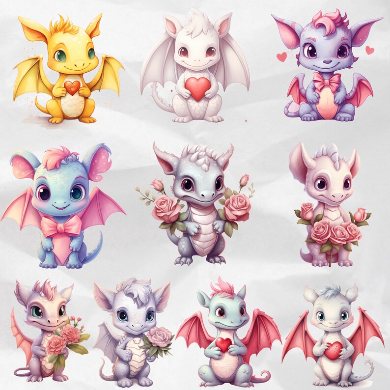 Cute Baby Dragon Watercolor Clipart, Valentines Fantasy PNG (commercial ...