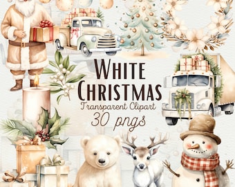 May include: A set of 30 watercolor illustrations featuring white Christmas elements, including a Santa Claus, a Christmas tree, a truck with presents, a snowman, a polar bear, a deer, a candle, and a wreath. The illustrations are perfect for creating festive cards, invitations, and other crafts.