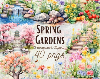 Watercolor Spring Gardens Clipart Spring Garden Graphics Garden Clipart Flower PNG Springtime Clipart Seasonal Decor Graphics Commercial Use