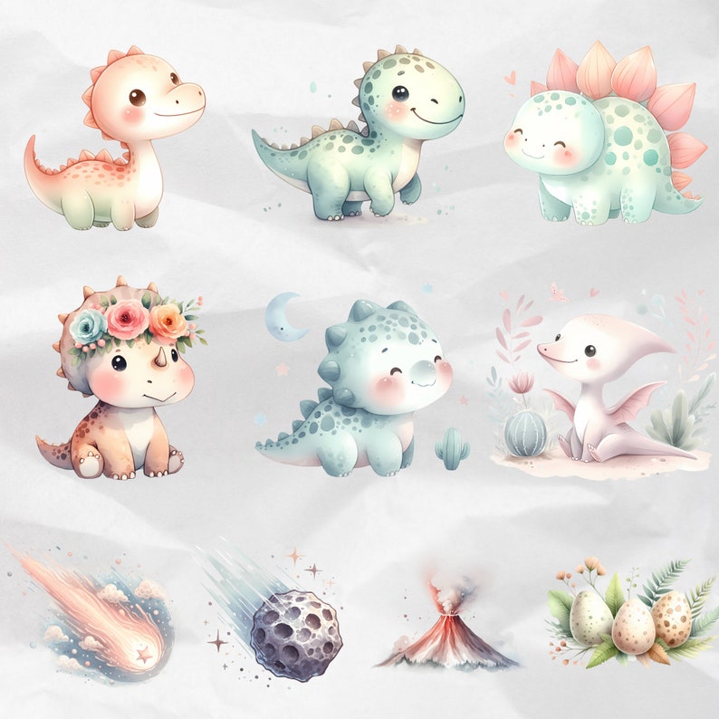 Enhance your birthday party decor and baby shower with Watercolor Dinosaur Clipart. Featuring cute baby dinosaur PNG images, this collection is perfect for creating dinosaur-themed decorations and stickers for commercial use.