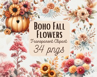 Aquarelle fleur d'automne Clipart Floral automne PNG Aquarelle automne Clipart citrouille Clipart automne Floral graphiques Boho automne PNG tout usage commercial