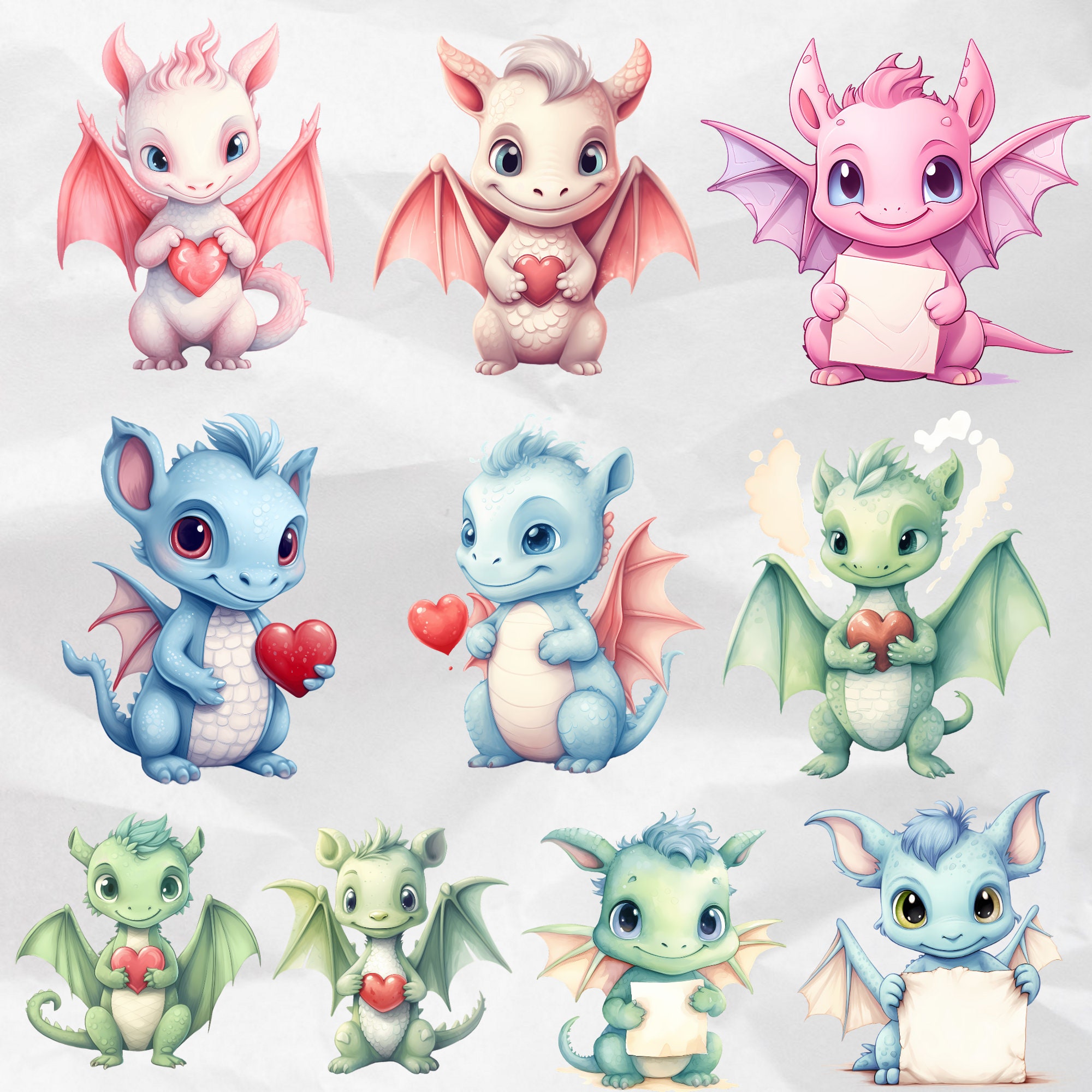 Cute Baby Dragon Watercolor Clipart, Valentines Fantasy PNG (commercial ...