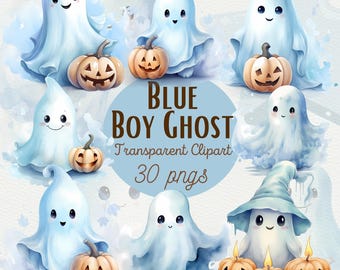 Acuarela lindo fantasma clipart Halloween clipart paquete lindo niño azul fantasma PNG otoño calabaza clipart otoño sublimación diseño uso comercial