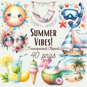 Transform your summer projects with the Watercolor Summer Vibes Collection Clipart. This bundle includes pool party PNGs, vacation illustrations, and beach elements for commercial use.