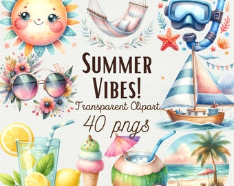 Watercolor Summer Vibes Collection Clipart Summer PNG Clipart Pool Party PNG Vacation Clipart Summer Beach Clipart Bundle for Commercial Use
