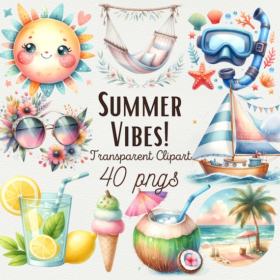 Watercolor Summer Vibes Collection Clipart Summer PNG Clipart Pool Party PNG Vacation Clipart Summer Beach Clipart Bundle for Commercial Use